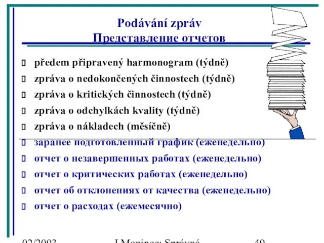 02/2003 J.Moninec: Správná inženýrská praxe Podávání zpráv Представление отчетов předem připravený