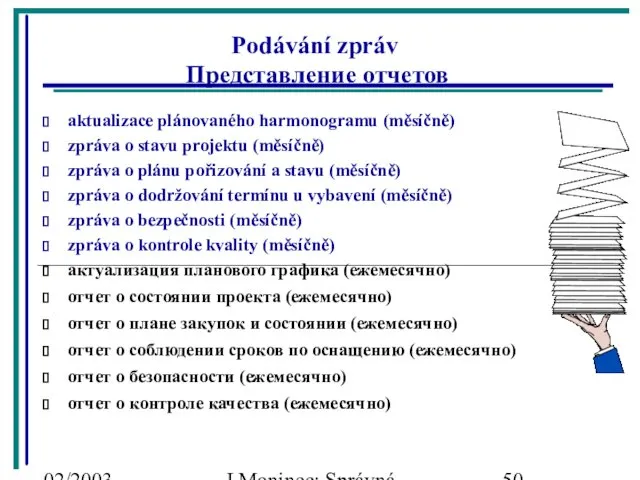 02/2003 J.Moninec: Správná inženýrská praxe Podávání zpráv Представление отчетов aktualizace plánovaného