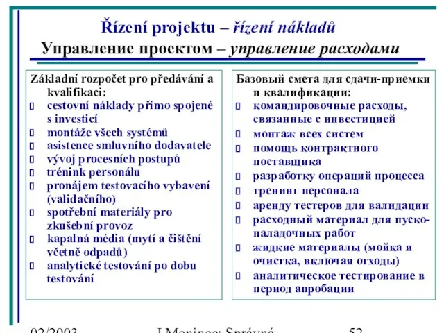 02/2003 J.Moninec: Správná inženýrská praxe Řízení projektu – řízení nákladů Управление