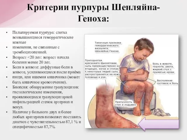 Пальпируемая пурпура: слегка возвышающиеся геморрагические кожные изменения, не связанные с тромбоцитопенией.