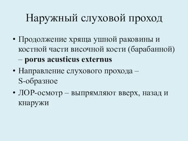 Наружный слуховой проход Продолжение хряща ушной раковины и костной части височной