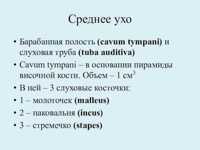 Среднее ухо Барабанная полость (cavum tympani) и слуховая труба (tuba auditiva)