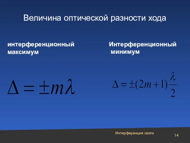 Величина оптической разности хода Интерференция света интерференционный максимум Интерференционный минимум