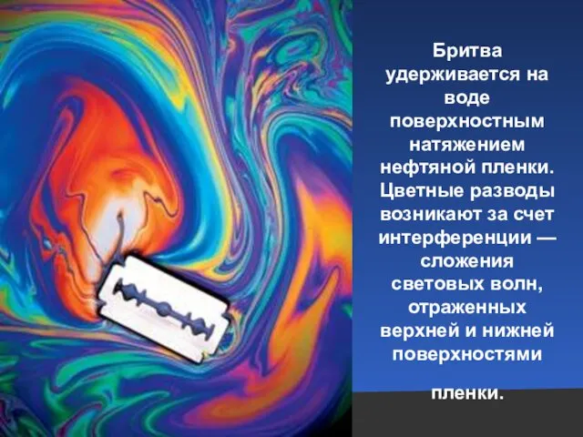 Бритва удерживается на воде поверхностным натяжением нефтяной пленки. Цветные разводы возникают