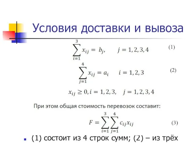 Условия доставки и вывоза (1) состоит из 4 строк сумм; (2)