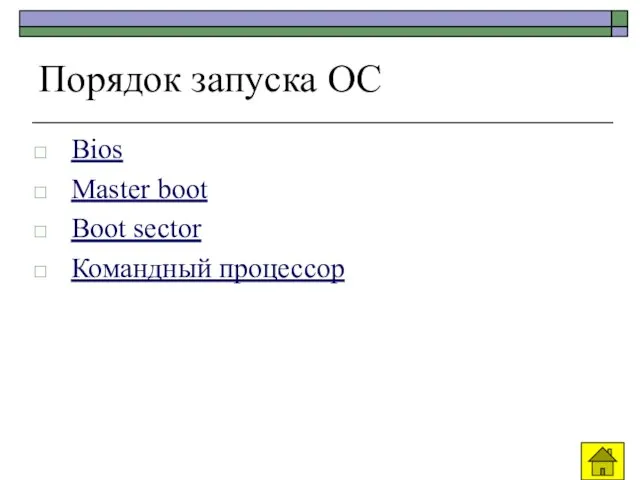 Порядок запуска ОС Bios Master boot Boot sector Командный процессор