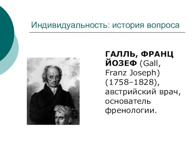 Индивидуальность: история вопроса ГАЛЛЬ, ФРАНЦ ЙОЗЕФ (Gall, Franz Joseph) (1758–1828), австрийский врач, основатель френологии.