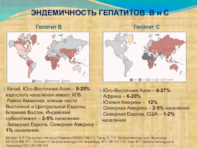 ЭНДЕМИЧНОСТЬ ГЕПАТИТОВ В и С Китай, Юго-Восточная Азия – 8-20% взрослого