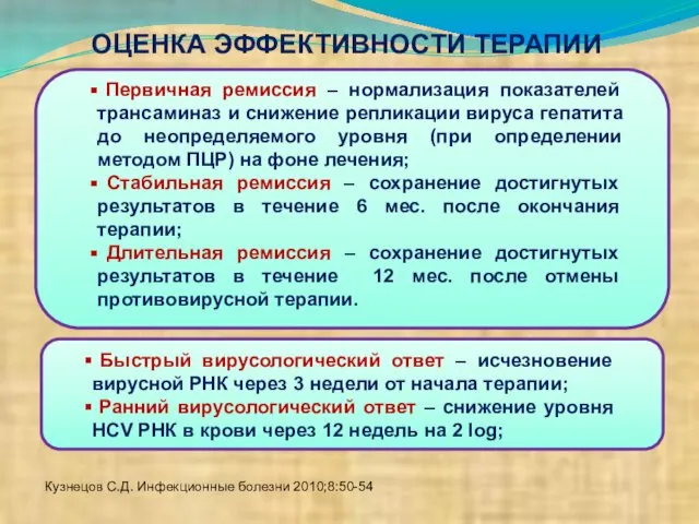 ОЦЕНКА ЭФФЕКТИВНОСТИ ТЕРАПИИ Первичная ремиссия – нормализация показателей трансаминаз и снижение