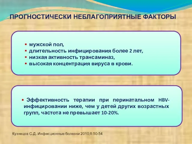 ПРОГНОСТИЧЕСКИ НЕБЛАГОПРИЯТНЫЕ ФАКТОРЫ мужской пол, длительность инфицирования более 2 лет, низкая