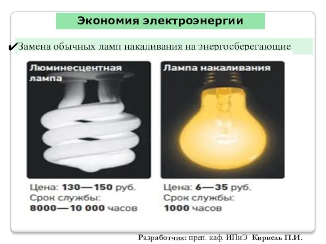 Экономия электроэнергии Замена обычных ламп накаливания на энергосберегающие Разработчик: преп. каф. ИПиЭ Кирвель П.И.