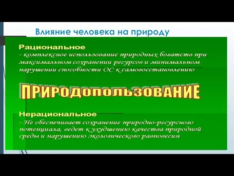 Влияние человека на природу Осушает болота, Добывает полезные ископаемые, Орошает землю.