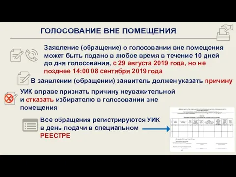 ГОЛОСОВАНИЕ ВНЕ ПОМЕЩЕНИЯ Заявление (обращение) о голосовании вне помещения может быть