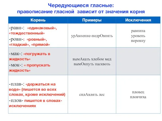 Чередующиеся гласные: правописание гласной зависит от значения корня