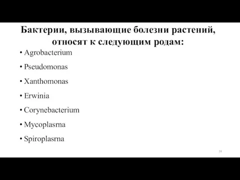 Бактерии, вызывающие болезни растений, относят к следующим родам: Agrobacterium Pseudomonas Xanthomonas Erwinia Corynebacterium Mycoplasrna Spiroplasrna