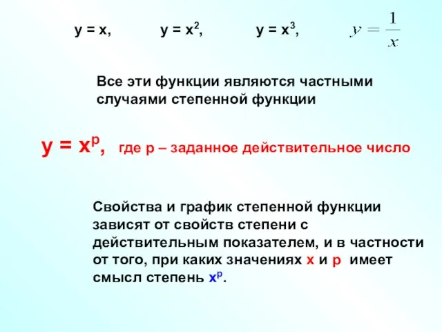 Все эти функции являются частными случаями степенной функции у = хр,