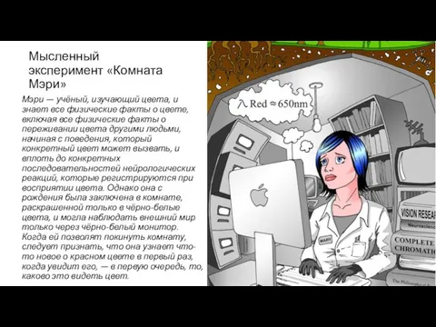 Мысленный эксперимент «Комната Мэри» Мэри — учёный, изучающий цвета, и знает