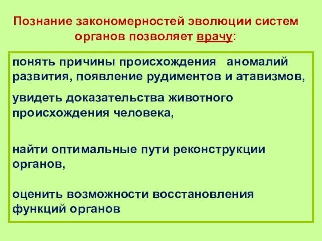 Познание закономерностей эволюции систем органов позволяет врачу: понять причины происхождения аномалий