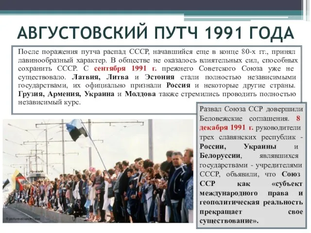 АВГУСТОВСКИЙ ПУТЧ 1991 ГОДА После поражения путча распад СССР, начавшийся еще