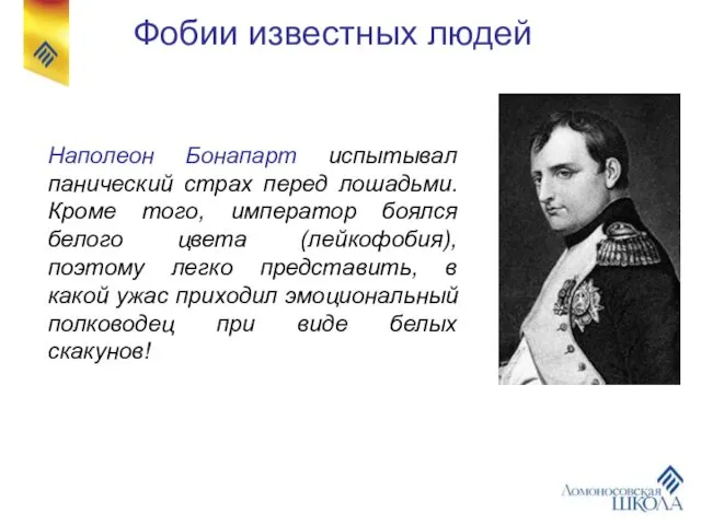 Наполеон Бонапарт испытывал панический страх перед лошадьми. Кроме того, император боялся