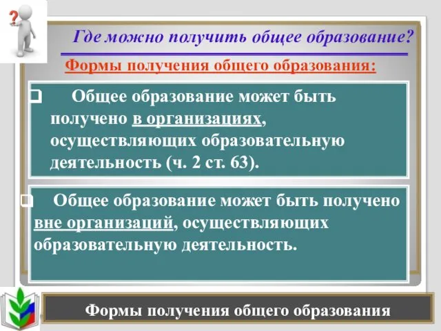 Формы получения общего образования Где можно получить общее образование? Формы получения