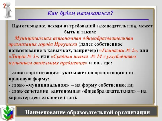 Наименование образовательной организации Как будем называться? Наименование, исходя из требований законодательства,