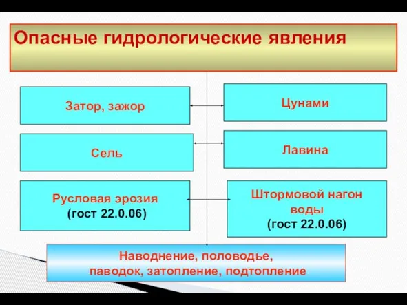 Опасные гидрологические явления Затор, зажор Сель Лавина Штормовой нагон воды (гост