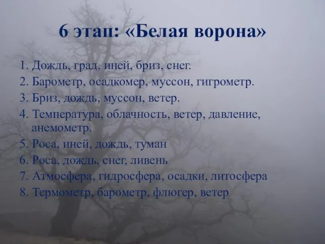 6 этап: «Белая ворона» 1. Дождь, град, иней, бриз, снег. 2.