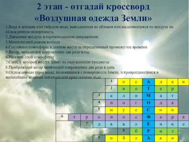 2 этап - отгадай кроссворд «Воздушная одежда Земли» 1.Вода в жидком