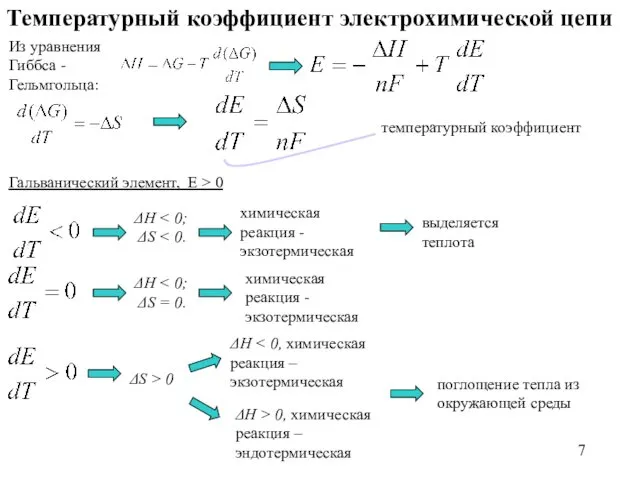 Температурный коэффициент электрохимической цепи Из уравнения Гиббса - Гельмгольца: температурный коэффициент