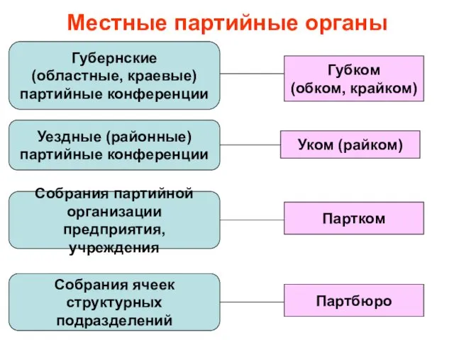 Местные партийные органы Губернские (областные, краевые) партийные конференции Уездные (районные) партийные