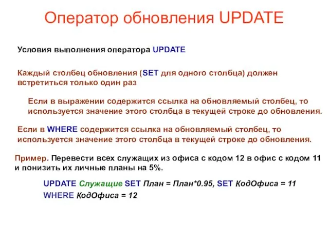 Оператор обновления UPDATE Пример. Перевести всех служащих из офиса с кодом