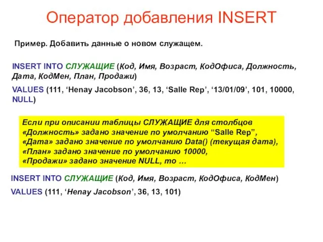 Оператор добавления INSERT Пример. Добавить данные о новом служащем. INSERT INTO