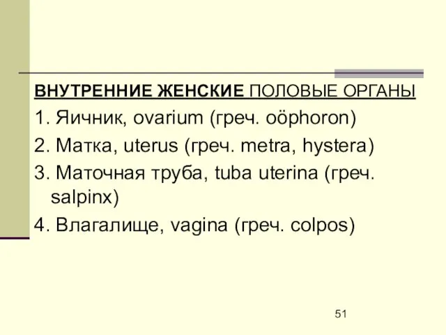 ВНУТРЕННИЕ ЖЕНСКИЕ ПОЛОВЫЕ ОРГАНЫ 1. Яичник, ovarium (греч. oöphoron) 2. Матка,