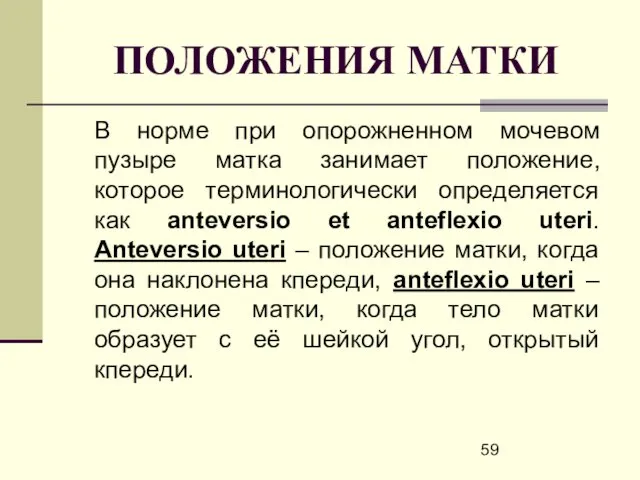 ПОЛОЖЕНИЯ МАТКИ В норме при опорожненном мочевом пузыре матка занимает положение,