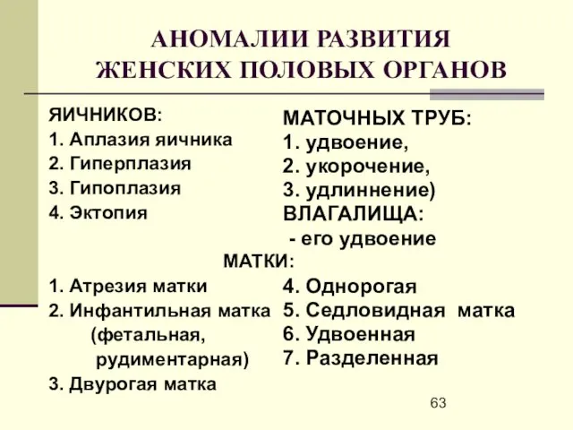 АНОМАЛИИ РАЗВИТИЯ ЖЕНСКИХ ПОЛОВЫХ ОРГАНОВ ЯИЧНИКОВ: 1. Аплазия яичника 2. Гиперплазия