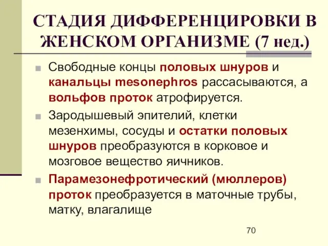 СТАДИЯ ДИФФЕРЕНЦИРОВКИ В ЖЕНСКОМ ОРГАНИЗМЕ (7 нед.) Свободные концы половых шнуров