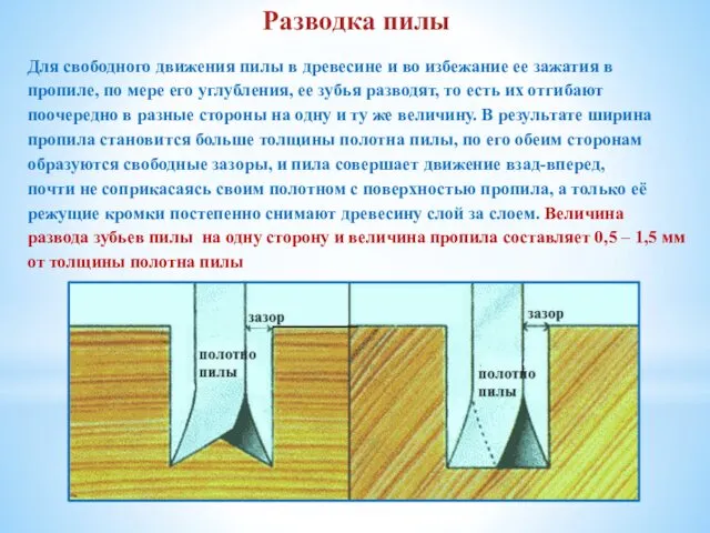 Разводка пилы Для свободного движения пилы в древесине и во избежание