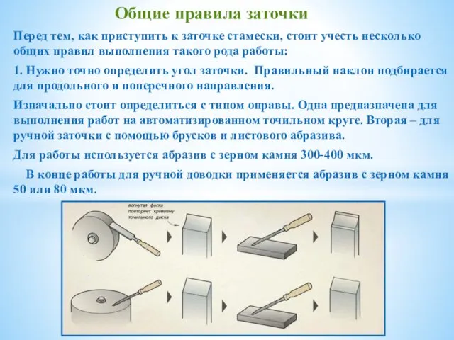 Общие правила заточки Перед тем, как приступить к заточке стамески, стоит