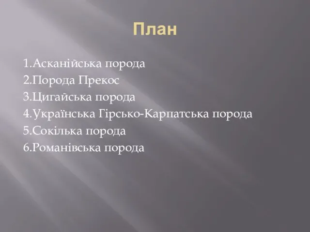 План 1.Асканійська порода 2.Порода Прекос 3.Цигайська порода 4.Українська Гірсько-Карпатська порода 5.Сокілька порода 6.Романівська порода