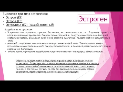 Выделяют три типа эстрогенов: Эстрон (E1) Эстрол (E3) Эстрадиол (E2) (самый