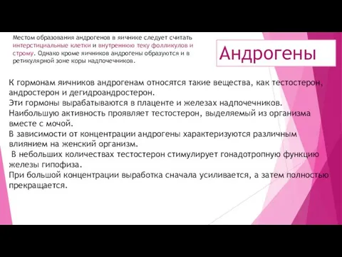 Андрогены Местом образования андрогенов в яичнике следует считать интерстициальные клетки и