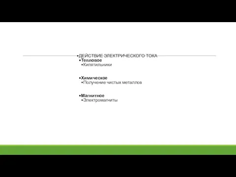 ДЕЙСТВИЕ ЭЛЕКТРИЧЕСКОГО ТОКА Тепловое Кипятильники Химическое Получение чистых металлов Магнитное Электромагниты
