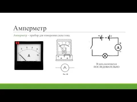 Амперметр Амперметр – прибор для измерения силы тока. В цепь включается ПОСЛЕДОВАТЕЛЬНО
