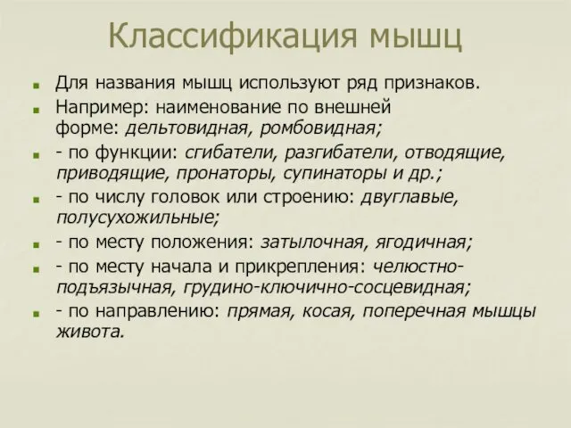 Классификация мышц Для названия мышц используют ряд признаков. Например: наименование по