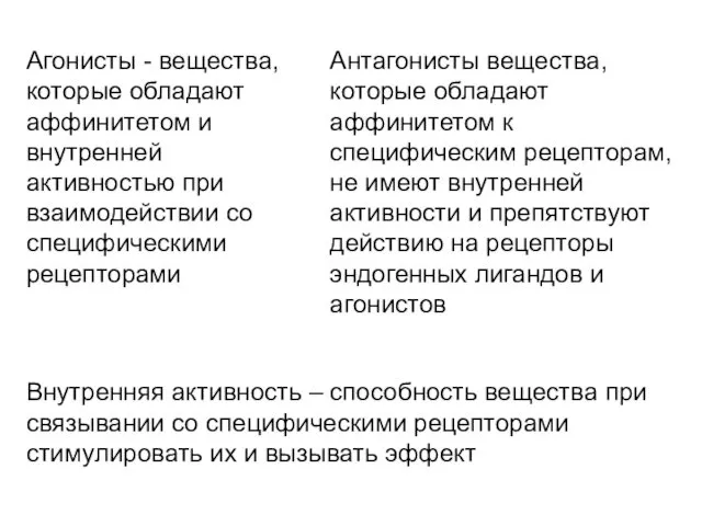 Агонисты - вещества, которые обладают аффинитетом и внутренней активностью при взаимодействии