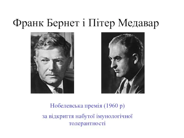 Франк Бернет і Пітер Медавар Нобелевська премія (1960 р) за відкриття набутої імунологічної толерантності