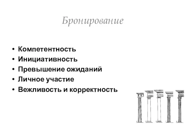 Бронирование Компетентность Инициативность Превышение ожиданий Личное участие Вежливость и корректность