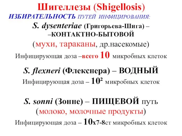 Шигеллезы (Shigellosis) ИЗБИРАТЕЛЬНОСТЬ ПУТЕЙ ИНФИЦИРОВАНИЯ: S. dysenteriae (Григорьева-Шига) – –КОНТАКТНО-БЫТОВОЙ (мухи,
