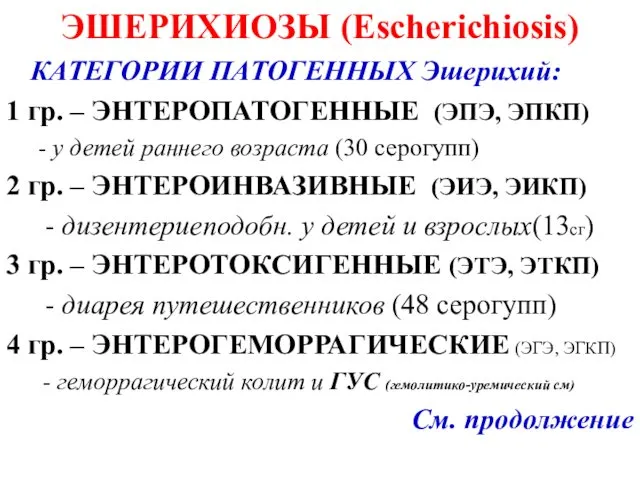 ЭШЕРИХИОЗЫ (Escherichiosis) КАТЕГОРИИ ПАТОГЕННЫХ Эшерихий: 1 гр. – ЭНТЕРОПАТОГЕННЫЕ (ЭПЭ, ЭПКП)